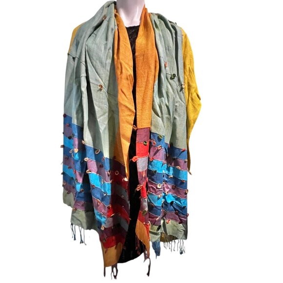 Multicolor Handwoven Cotton Scarf With Embellished Loops & Tassels - Picture 4 of 10